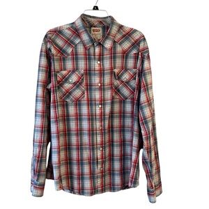 Levi's Western Snap Button Plaid Red Blue Long Sleeve Cotton Shirt XL Vintage